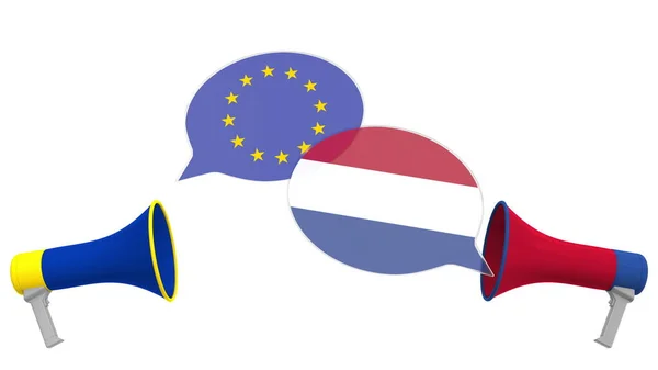 Flags of Netherlands and the European Union on speech bubbles with loudspeakers. Intercultural dialogue or international talks related 3D rendering — Stock Photo, Image