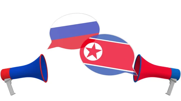 Kuzey Kore ve Rusya bayraklı konuşma baloncukları. Kültürler arası diyalog veya 3D sunumuyla ilgili uluslararası görüşmeler — Stok fotoğraf