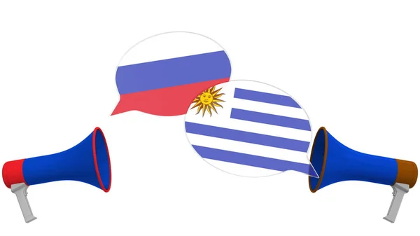 Bandeiras do Uruguai e da Rússia em bolhas de fala com alto-falantes. Diálogo intercultural ou palestras internacionais relacionadas com renderização 3D — Fotografia de Stock