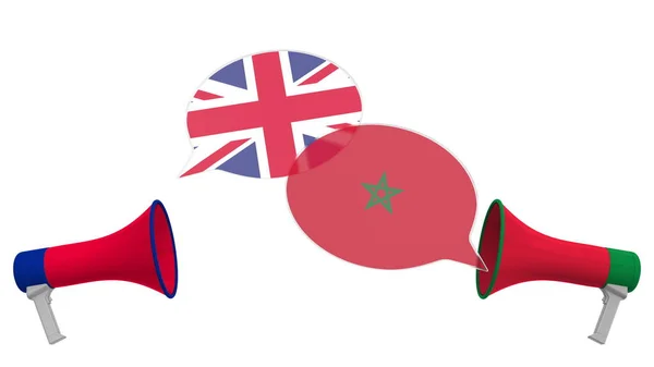 モロッコとイギリスの国旗とスピーカーで泡を話す。異文化間の対話や国際会談関連の3Dレンダリング — ストック写真