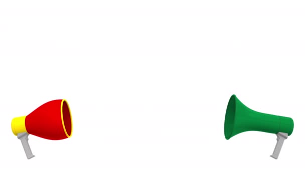 Флаги Саудовской Аравии и Германии на речевых шарах из мегафонов. Межкультурный диалог или международные переговоры о 3D анимации — стоковое видео