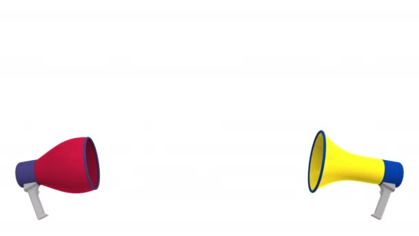 Флаги Колумбии и США на речевых пузырях с громкоговорителями. Межкультурный диалог или международные переговоры о 3D анимации — стоковое видео