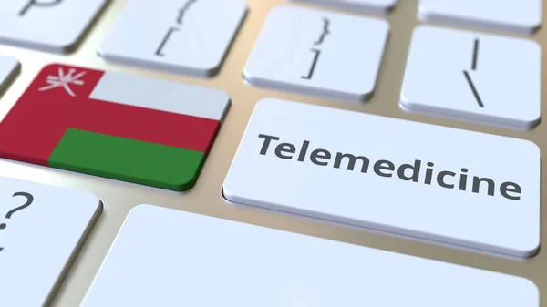 Telemedicínský text a vlajka Omán na klávesnici počítače. Vzdálené lékařské služby související konceptuální 3D vykreslování — Stock fotografie