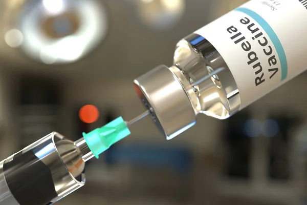 Glasflasche mit Röteln-Impfstoff und Spritzennadel. 3D-Rendering — Stockfoto