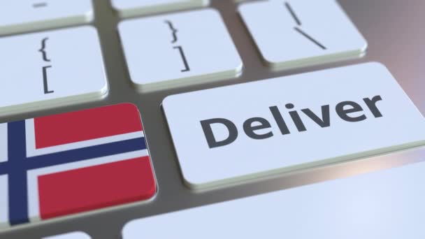 Доставка текста и флага Норвегии на компьютерную клавиатуру. Логистика 3D анимации — стоковое видео