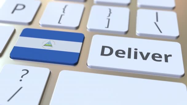 Consegnare testo e bandiera del Nicaragua sulla tastiera del computer. Animazione 3D relativa alla logistica — Video Stock