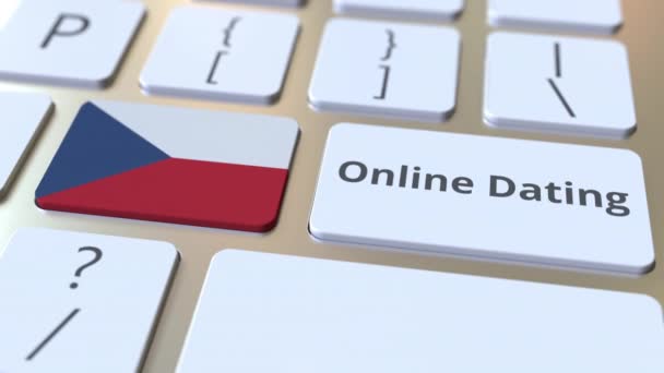 Online Dating text och flagga för Tjeckien på tangentbordet. Konceptuell 3D-animering — Stockvideo