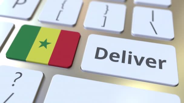 Liefern Sie Text und Flagge des Senegal auf der Computertastatur. Logistikbezogene 3D-Animation — Stockvideo