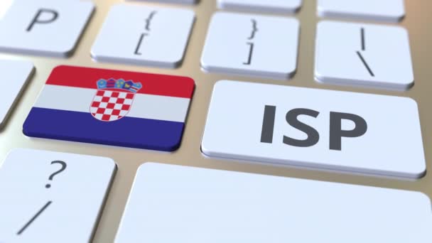 ISP lub Internet Service Provider tekst i flaga Chorwacji na klawiaturze komputera. Animacja 3D związana z krajowymi usługami dostępu do sieci — Wideo stockowe