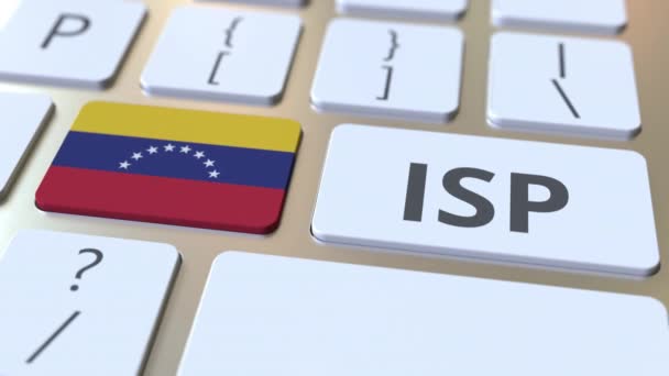 Bilgisayar klavyesinde Venezuela 'nın internet servis sağlayıcısı mesajı ve bayrağı var. 3D animasyonla ilgili ulusal web erişim servisi — Stok video