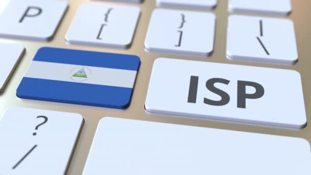Интернет-провайдер или текст и флаг Никарагуа на клавиатуре компьютера. Национальная анимация, связанная с веб-доступом — стоковое видео