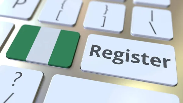 Registrar texto e bandeira da Nigéria no teclado. Serviços online relacionados com renderização 3D — Fotografia de Stock