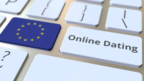 Текст онлайн датування та прапор Європейського Союзу на клавішних. Концептуальний 3D-рендеринг — стокове фото