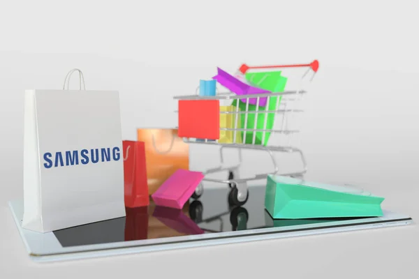 Nákupní košík na tabletu a papírový sáček s logem Samsung. Editorial e-commerce related 3D rendering — Stock fotografie