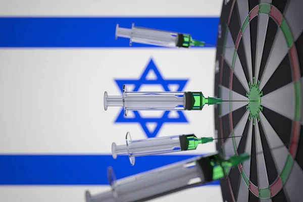 Σύριγγες εμβολίου του Coronavirus στο φόντο της ισραηλινής σημαίας. Ιατρική έρευνα και εμβολιασμός στο Ισραήλ, 3D rendering — Φωτογραφία Αρχείου