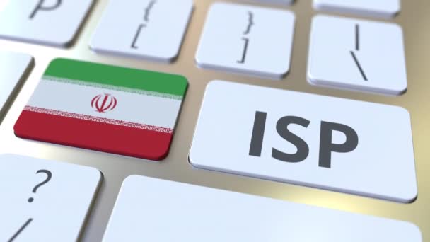 ISP ou fournisseur d'accès Internet texte et drapeau de l'Iran sur le clavier de l'ordinateur. Animation 3D liée au service national d'accès Web — Video