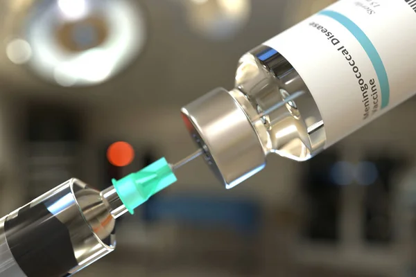 Медицинская бутылка с вакциной и шприцем от менингококковой болезни, 3D рендеринг — стоковое фото