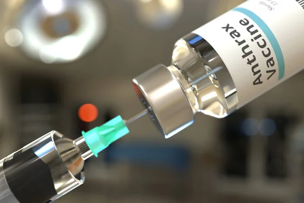 Glasflasche mit Milzbrand-Impfstoff und Spritze zur Injektion. 3D-Rendering — Stockfoto