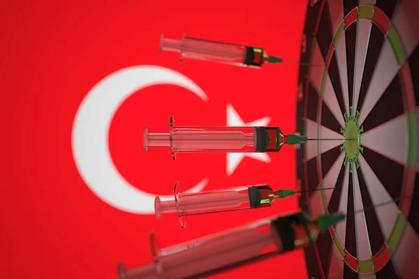 Jeringas de vacuna contra el Coronavirus en el fondo de la bandera turca. Investigación médica y vacunación en Turquía, representación 3D — Foto de Stock