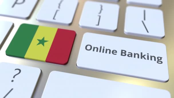 Online Banking szöveg és zászló Szenegál a billentyűzeten. Internetfinanszírozással kapcsolatos koncepcionális 3D animáció — Stock videók