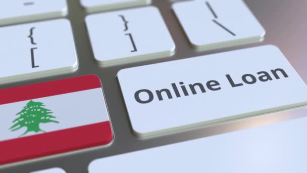 Text úvěru online a vlajka Libanonu na klávesnici. Moderní úvěrová koncepční 3D animace — Stock video