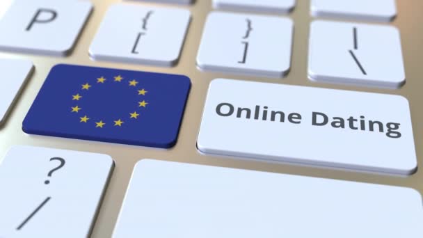 Online Datingtekst en vlag van de Europese Unie op het toetsenbord. Conceptuele 3D animatie — Stockvideo