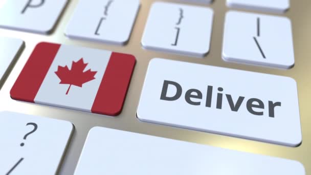 Bezorg tekst en vlag van Canada op het toetsenbord van de computer. Logistiek gerelateerde 3D animatie — Stockvideo