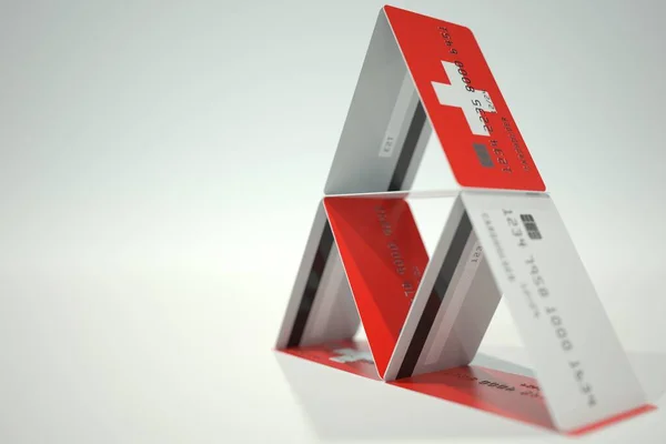 Bandera nacional de Suiza en casa de la tarjeta bancaria, datos ficticios. Decisiones financieras riesgosas relacionadas con la representación 3D —  Fotos de Stock