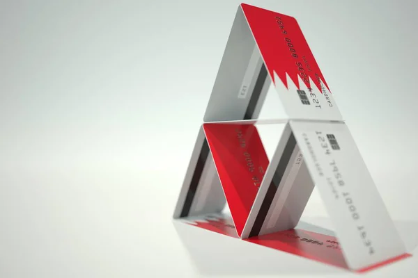 Bandera de Bahréin en casa de tarjetas de banco de plástico, datos ficticios. Inestabilidad financiera relacionada con la representación 3D — Foto de Stock