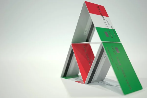 Bandera de Italia en la casa de la tarjeta bancaria de plástico, datos ficticios. Inestabilidad financiera relacionada con la representación 3D — Foto de Stock