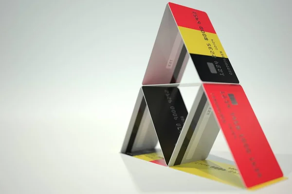 プラスチック製の銀行カードの家にベルギーの旗、架空のデータ。金融不安定関連3Dレンダリング — ストック写真
