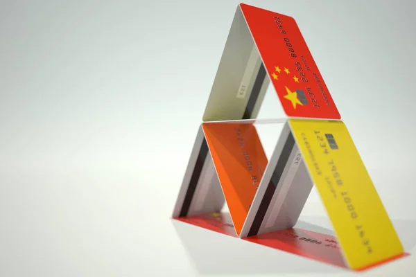 Drapeau de la Chine sur une carte bancaire en plastique, données fictives. Instabilité financière liée au rendu 3D — Photo