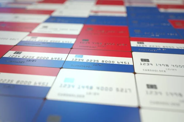Флаг Нидерландов на банковских картах. 3D-рендеринг в Национальном банке — стоковое фото