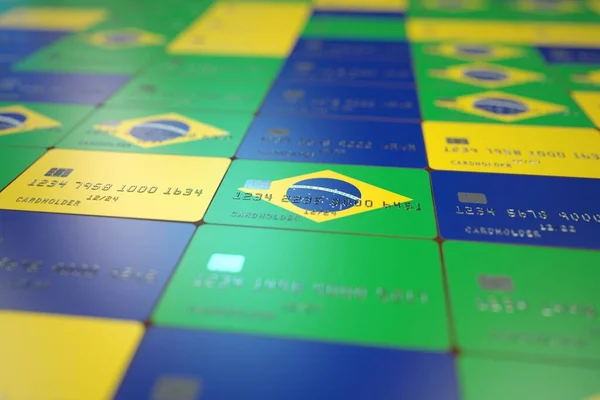 塑料银行卡上的巴西国旗。国家银行相关3D渲染 — 图库照片