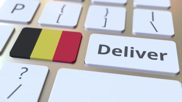 Доставка текста и флага Бельгии на компьютерную клавиатуру. Логистика 3D анимации — стоковое видео