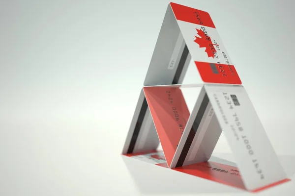 Bandera de Canadá en casa de tarjetas de banco de plástico, datos ficticios. Inestabilidad financiera relacionada con la representación 3D — Foto de Stock