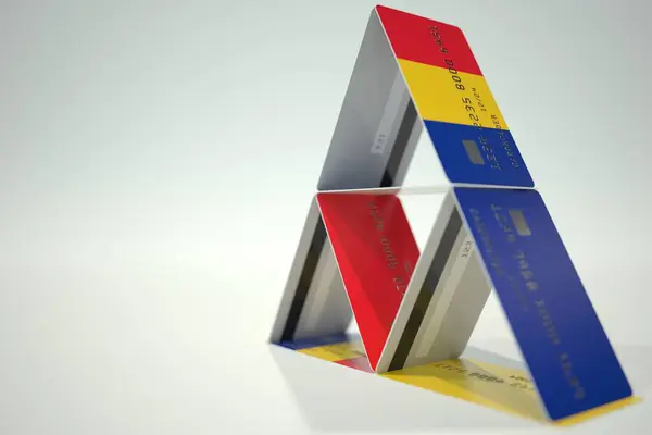 Bandera de Rumania en la casa de la tarjeta bancaria, datos ficticios. Inestabilidad financiera relacionada con la representación 3D —  Fotos de Stock
