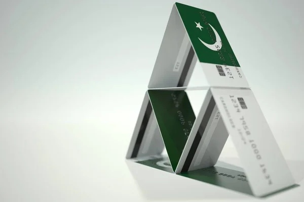 Flag of Pakistan on bank card house, fictional data. Financial instability related 3D rendering — Stock Photo, Image