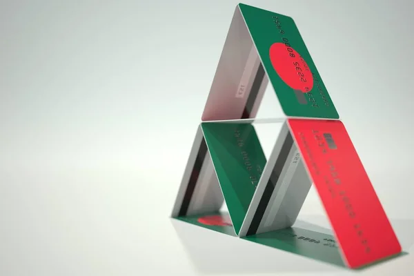 Flagge von Bangladesch auf einem Plastikkartenhaus, fiktive Daten. Finanzielle Instabilität im Zusammenhang mit 3D-Rendering — Stockfoto