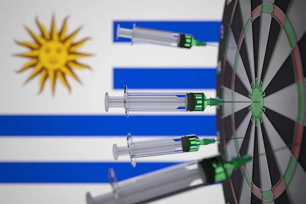 COVID-19 Coronavirus-Impfspritzen treffen das Ziel in der Nähe der uruguayischen Flagge. Erfolgreiche Forschung und Impfung in Uruguay. Konzeptionelles 3D-Rendering — Stockfoto