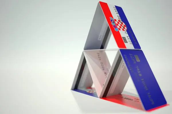 Bandera nacional de Croacia en casa de tarjeta de crédito, datos ficticios. Decisiones financieras riesgosas relacionadas con la representación 3D —  Fotos de Stock