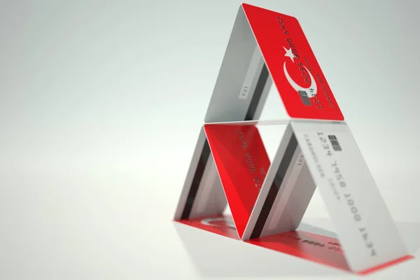 Государственный флаг Турции на карточном домике, вымышленные данные. Рискованные финансовые решения, связанные с 3D рендерингом — стоковое фото