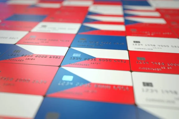 Bandiera nazionale della Repubblica Ceca sulle carte di credito. Rendering 3D relativo al settore bancario — Foto Stock
