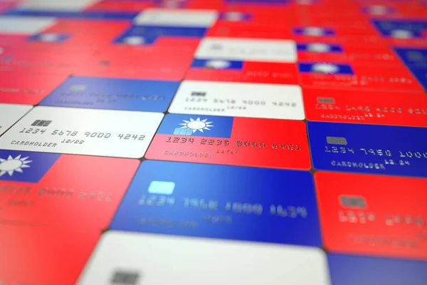 Nationalflagge Taiwans auf Kreditkarten. Bankenbezogene 3D-Darstellung — Stockfoto