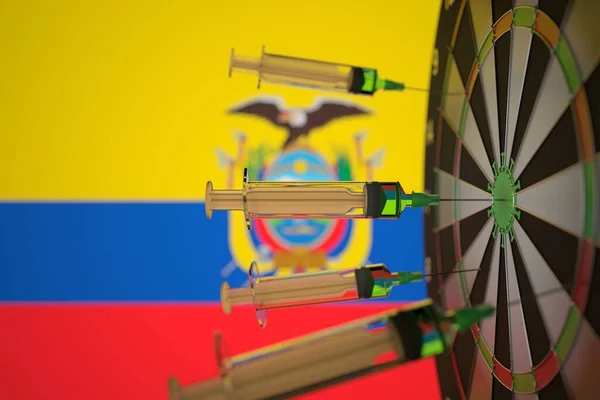 Nuove siringhe di vaccino Coronavirus con testo e bandiera dell'Ecuador come sfondo. Ricerca e vaccinazione medica ecuadoriana, rendering 3D — Foto Stock