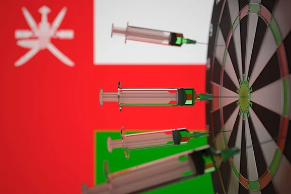 COVID-19 coronavirus disease vaccine syringes hit target near the Omani flag. Successful research and vaccination in Oman. 3D rendering — Stock Photo, Image