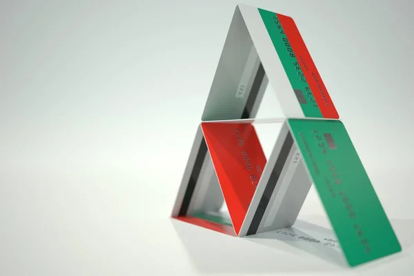 Bandera de Bulgaria en la casa de la tarjeta bancaria de plástico, datos ficticios. Inestabilidad financiera relacionada con la representación 3D — Foto de Stock