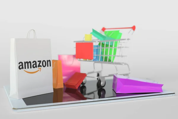 Tablet bilgisayarda alışveriş arabası ve Amazon logolu kağıt torba. Yayınsal e-ticaret ile ilgili 3D oluşturma — Stok fotoğraf