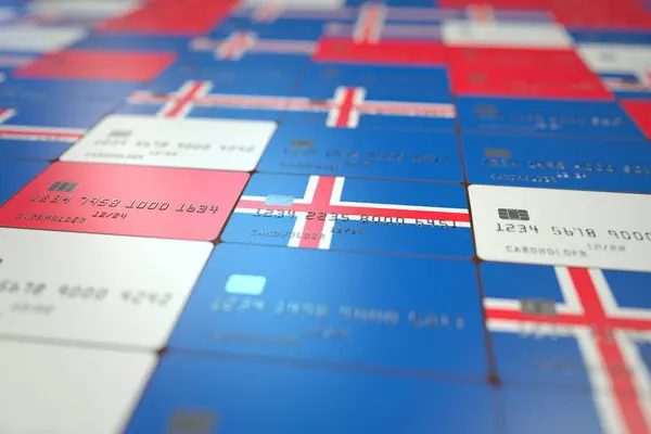 Islands nationella flagga på kreditkort. Bankrelaterad 3D-rendering — Stockfoto