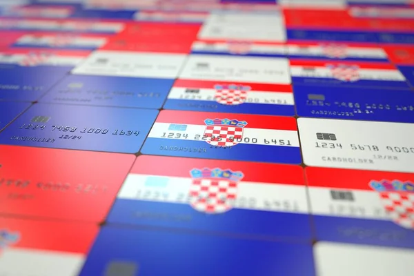 Bandera nacional de Croacia en tarjetas de crédito. Renderizado 3D relacionado con la banca — Foto de Stock